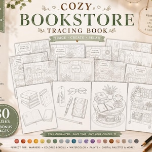 Cozy Bookstore Tracing Book, Printable Line Art Workbook, Beginner Drawing Practice, Digital Download PDF, Creative Artist Activity Book