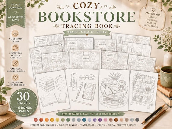 Cozy Bookstore Tracing Book, Printable Line Art Workbook, Beginner Drawing Practice (Digital Download PDF)
