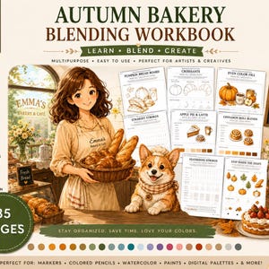 May include: An Autumn Bakery Blending Workbook featuring 35 pages of instructional sheets for coloring baked goods. The cover displays an illustrated person in an apron holding a basket of bread next to a corgi, with various practice worksheets.
