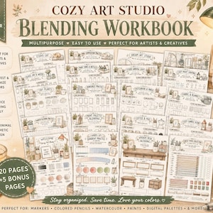 Può includere: Un quaderno di esercizi di miscelazione digitale intitolato Cozy Art Studio contenente venticinque pagine di disegni al tratto per artisti. Le pagine includono illustrazioni di oggetti da studio, piante e mobili con sezioni per testare i colori.