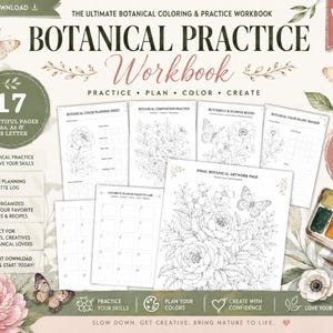 May include: A botanical colouring and practice workbook featuring 17 pages with floral and butterfly line art. The set includes colour planning sheets, composition practice, and recipe trackers, accompanied by a watercolour paint set and brushes.