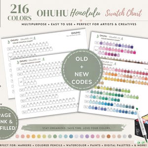 Può includere: Un set di tabelle per campioni di colore Ohuhu Honolulu con 216 spazi per i colori, incluse pagine vuote e pre-compilate. I fogli di carta bianca mostrano file di piccoli contorni a forma di flacone per testare i colori e una custodia nera.