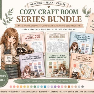 Pode incluir: Um pacote digital intitulado Cozy Craft Room Series Bundle com seis livros de exercícios para traçar, colorir, praticar com marcadores, misturar, sobrepor e desafios criativos, com capas ilustradas de uma menina e um guaxinim.