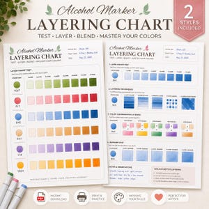 May include: Two-page alcohol marker layering chart with color swatches and blending techniques. The chart includes the text "Alcohol Marker Layering Chart" and "Test Layer Blend Master Your Colors". Includes a PDF download.