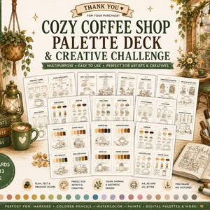Può includere: Un mazzo di palette digitali intitolato Cozy Coffee Shop Palette Deck & Creative Challenge, contenente 120 carte di dimensioni 9 x 13. La collezione include vari campioni di colore, illustrazioni a linee e guide didattiche per artisti.