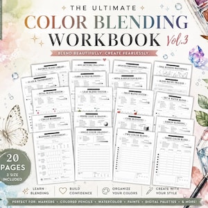 Peut inclure: Un cahier d'exercices numérique intitulé The Ultimate Color Blending Workbook Vol. 3, comprenant 20 pages de fiches pédagogiques pour mélanger les couleurs. La mise en page inclut divers exercices de dégradés, formes et textures, avec des motifs floraux.