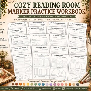 以下が含まれることがあります： 「Cozy Reading Room Marker Practice Workbook」というタイトルのデジタルマーカー練習帳。本、クッション、家具などのオブジェクトを塗り絵するための30ページの練習問題が含まれており、様々なマーカーや画材と共に表示されています。