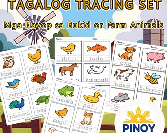 Fogli di lavoro Tagalog Mga Hayop sa Bukid / PDF sul tracciamento degli animali da fattoria filippini / Asilo nido