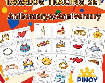 Fogli di lavoro Tagalog Anibersaryo / PDF per tracciare il vocabolario dell'anniversario filippino / Asilo prescolare