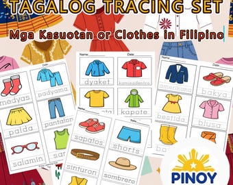 Fogli di lavoro Tagalog Mga Kasuotan / Tracciamento del vocabolario dei vestiti filippini PDF / Asilo nido