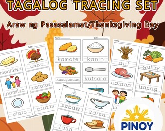 Fogli di lavoro Tagalog Araw ng Pasasalamat / Tracciamento del vocabolario filippino del Ringraziamento PDF / Asilo nido