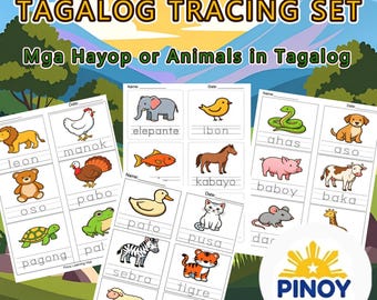 Fogli di lavoro tagalog mga hayop / Tracciamento del vocabolario degli animali filippini PDF / Asilo prescolare
