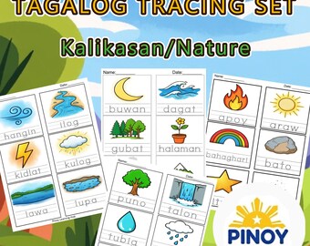 Hojas de trabajo en tagalo Ang Kalikasan / PDF de rastreo de elementos de la naturaleza filipina / Jardín de infantes preescolar