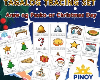 Fogli di lavoro Tagalog Araw ng Pasko / PDF per tracciare il vocabolario del Natale filippino / Asilo nido