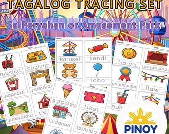 Fogli di lavoro Tagalog Peryahan / Tracciamento del vocabolario filippino del parco divertimenti PDF / Asilo nido