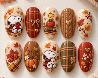 Cartoon Dog Autumn Nails, Fall Snopy Press On Nails, Pumpkin Maple Leaf Nail Set, Cozy Plaid Nails, Cute Fall Nails, Thanksgiving Nails