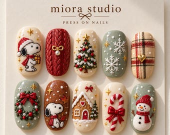 Snopy Christmas Press On Nails, Cute Holiday Nails, Christmas Tree Nail Art, Snowman Candy Cane Nails, Winter Nail Set,  Cozy Holiday Nails