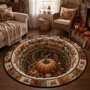 May include: A round area rug featuring a 3D optical illusion of a deep hole filled with orange pumpkins, sunflowers, and autumn leaves. The border consists of a patchwork pattern of squares in shades of green, brown, and orange with leaf motifs.