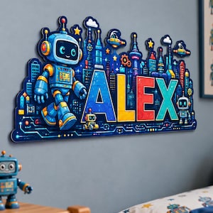 May include: A wall-mounted sign featuring the name ALEX in large, colorful block letters. The design includes a blue robot, a futuristic cityscape, small flying saucers, and gears against a dark blue background with yellow stars and white clouds.