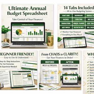 Ultimate Annual Budget Spreadsheet, Financial Planner, Goal Saving Sheet, Net Worth Tracker, Debt Payoff, Expense Controller, Family Tracker