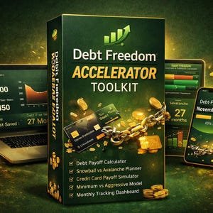 Puede incluir: Imagen de un producto con una caja verde con la etiqueta "Debt Freedom Accelerator Toolkit", un portátil, una tableta y un smartphone que muestran datos financieros. La caja incluye una calculadora de pago de deudas. También hay monedas de oro y una cadena.