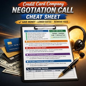 May include: A clipboard with a "Credit Card Company Negotiation Call Cheat Sheet" is displayed. The sheet includes checklists, scripts, and a call outcome tracker. Credit cards, cash, a pen, and a headset are also visible.