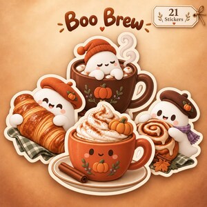 Op de afbeelding: Een verzameling van 21 stickers met witte spookfiguren, diverse gebakjes en warme dranken. De ontwerpen bevatten spoken met croissants, kaneelbroodjes en mokken cacao, allemaal versierd met pompoenen en herfstkleuren.