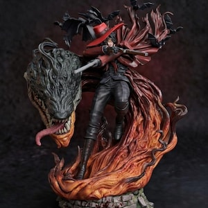 Peut inclure: Figurine détaillée d'un personnage avec un chapeau et un manteau rouges, tenant une arme à feu, avec une base enflammée et une tête de monstre. La figurine est entourée de chauves-souris et de flammes, avec le texte "FULL SIZE TURNTABLE" en bas.