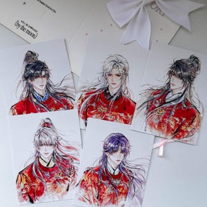 May include: Five rectangular art prints featuring detailed digital illustrations of characters with long flowing hair, each wearing ornate red traditional-style robes with gold embroidery. The characters have distinct hair colors including black, white, and purple.