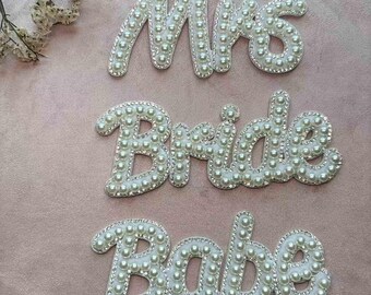 Pearl Rhinestone Mrs Bride Babe Iron On Patches for Wedding DIY