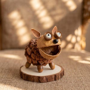 Wooden Dog Figurine, Handmade Pinecone Puppy Decor, Natural Material Sculpture, Cute Quirky Desk Buddy, Unique Gift Idea, Rustic Home Decor