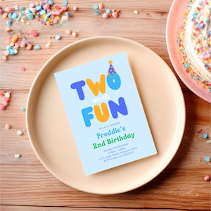 Two much Fun Second Birthday Invitation, Blue Background Canva Template (5x7inch)