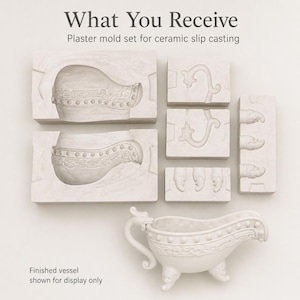 May include: A plaster mold set for ceramic slip casting, including two large main body molds, three smaller component molds, and one finished vessel. The text reads: What You Receive, Plaster mold set for ceramic slip casting, Finished vessel shown for display only.
