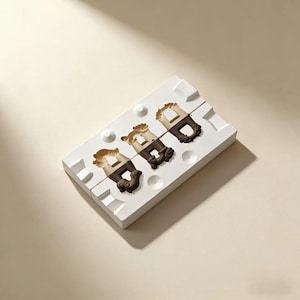 Puede incluir: Un molde rectangular blanco con tres cavidades, cada una con un objeto decorativo de dos tonos. Los objetos son de color marrón claro con acentos marrón oscuro. El molde tiene pequeñas hendiduras circulares.