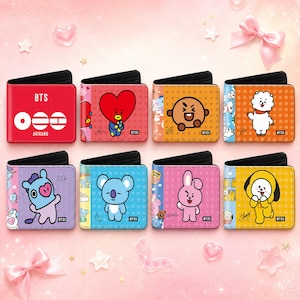 May include: A collection of eight bi-fold wallets featuring various BT21 character designs. The wallets display colorful graphics including Tata, Shooky, RJ, Mang, Koya, Cooky, and Chimmy, alongside a red wallet with the text BTS ARIRANG.