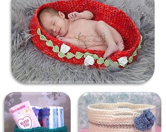 Crochet Baskets (round or oval, with or without handles) Any size, Any yarn INSTANT DOWNLOAD PDF from Thomasina Cummings Designs