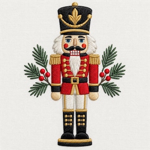 Broderidesign med nötknäppare till jul, traditionell soldat med tall och röda bär