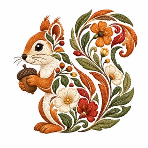Puede incluir: Una ilustración de una ardilla sosteniendo una bellota, con un cuerpo compuesto por intrincados patrones florales y de hojas en tonos naranja, rojo, blanco y verde. El diseño integra varias flores y follaje directamente en el pelaje.