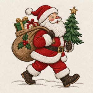 Könnte beinhalten: Eine gestickte Illustration des Weihnachtsmanns in einem roten Anzug mit weißem Pelzbesatz und braunen Stiefeln. Er trägt einen großen beigen Sack voller verpackter Geschenke und einen grünen Weihnachtsbaum mit einem goldenen Stern.
