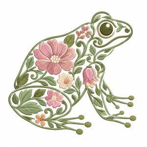 May include: An embroidery design of a frog silhouette formed by green vines and leaves, featuring large pink and light pink flowers integrated into the body. The frog has a prominent dark green eye with a white highlight and slender limbs.