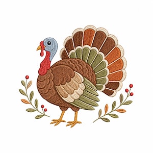 May include: An embroidery design of a turkey with brown, tan, and green feathers, a blue head, and a red wattle. The turkey is flanked by two sprigs of green leaves and small red berries, creating a symmetrical arrangement on a white background.