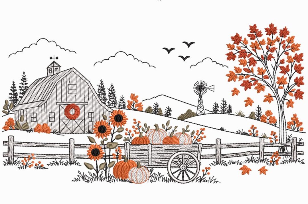 Rac Card Layout Fall Farmhouse Embroidery Design, Autumn Pumpkin Barn Scene, Country ...
