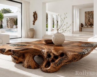 Riverstone Cavern Skulpturaler Couchtisch – Handgefertigtes Statement Möbel aus Wurzelholz mit Bio Stein Intarsie