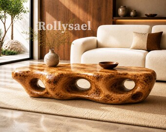 Mesa de centro artesanal de madera de raíz orgánica con diseño hueco escultural para sala de estar moderna.