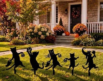 Metal Black Cat Silhouette Garden Stakes, Halloween Decor Gift for Cat Lover, Spooky Lawn Yard Art, Outdoor Halloween Garden Decor Set