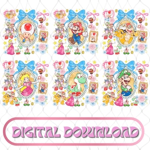 Puede incluir: Una descarga digital con ilustraciones en acuarela de personajes de Super Mario. Cada personaje está enmarcado con un lazo azul, flores y otros elementos decorativos. El texto "DIGITAL DOWNLOAD" está en la parte inferior.