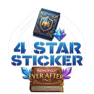 Peut inclure: Graphique pour un jeu Monopoly, avec un livre bleu orné d'une étoile dorée, les mots "4 STAR STICKER" en bleu, et un livre marron avec le texte "MONOPOLY EVER AFTER". Des cristaux bleus et violets sont également présents.