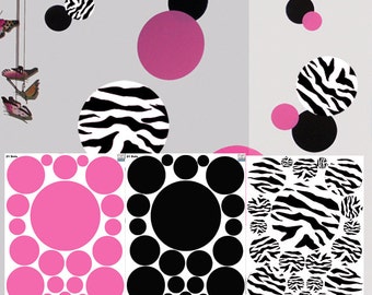Zebra, Pink & Black Polka Dotted Wall Decals, Kids Room Decor Stickers for Bedrooms Playrooms