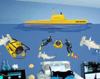 Submarine And Shark Wall Mural, Boys Undersea Room Decor