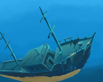 Create-A-Mural Sunken Ship Wall Mural for Kids Room Under Sea Ocean Bedroom Decoration